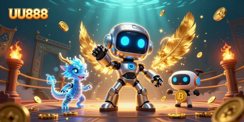 Experience thrilling gaming at UU888 with a futuristic casino scene featuring high-tech characters.
