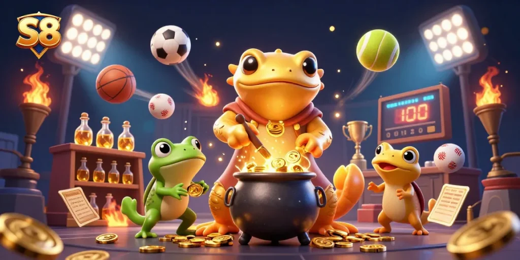 S8 sports betting scene with golden salamander alchemist and frog apprentice crafting gold coins amid dynamic sports elements.
