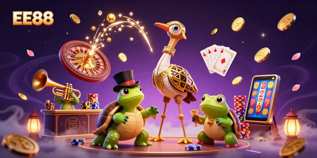 Experience EE88 with fun characters amid casino excitement and dynamic game elements.