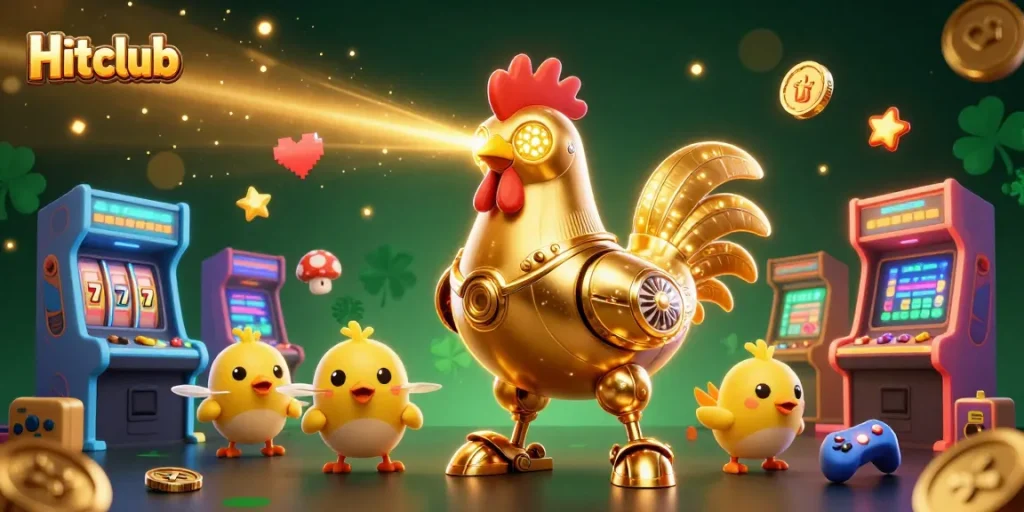 Hitclub engages players with vibrant 3D illustrations showcasing exciting gaming elements and dynamic characters.