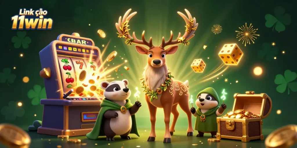 Win big at Link vào 11win with an exciting 3D casino illustration featuring a jackpot and vibrant game elements.