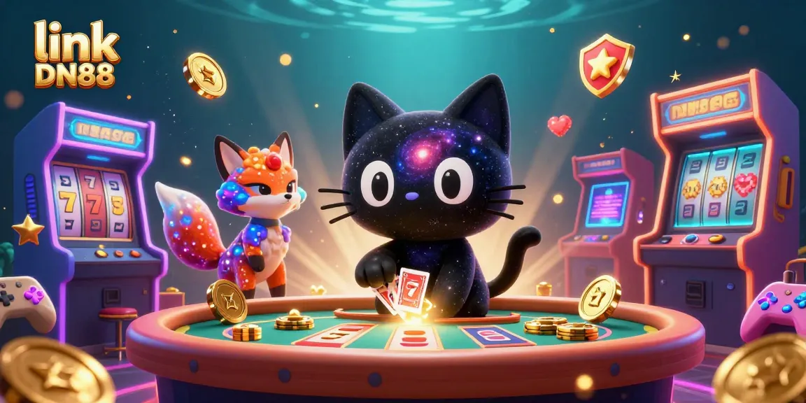 Engage with exciting slot games at link DN88's cosmic casino table, featuring a playful black hole cat and vivid fox.