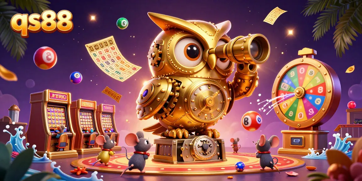 Experience the excitement at qs88 with vibrant gaming elements and tempting prizes in this detailed casino illustration.
