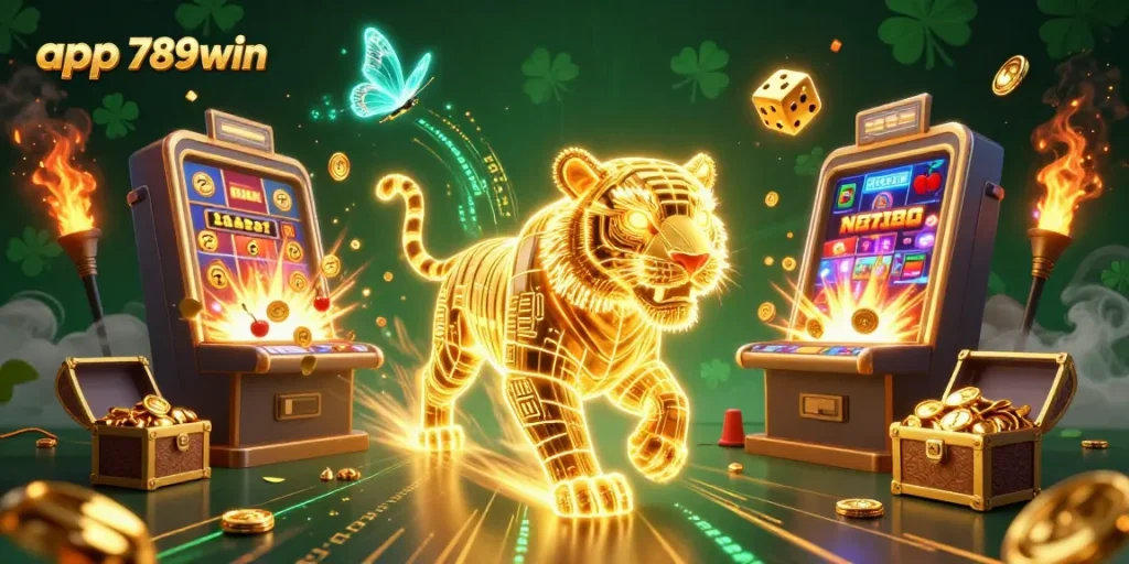 Play exciting games on app 789win with a vibrant digital casino scene full of dynamic elements.