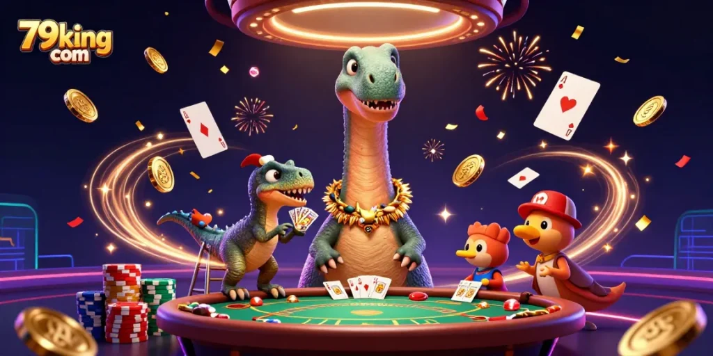 Experience the thrill of 79king com with vibrant casino action featuring animated characters, cards, and gold.