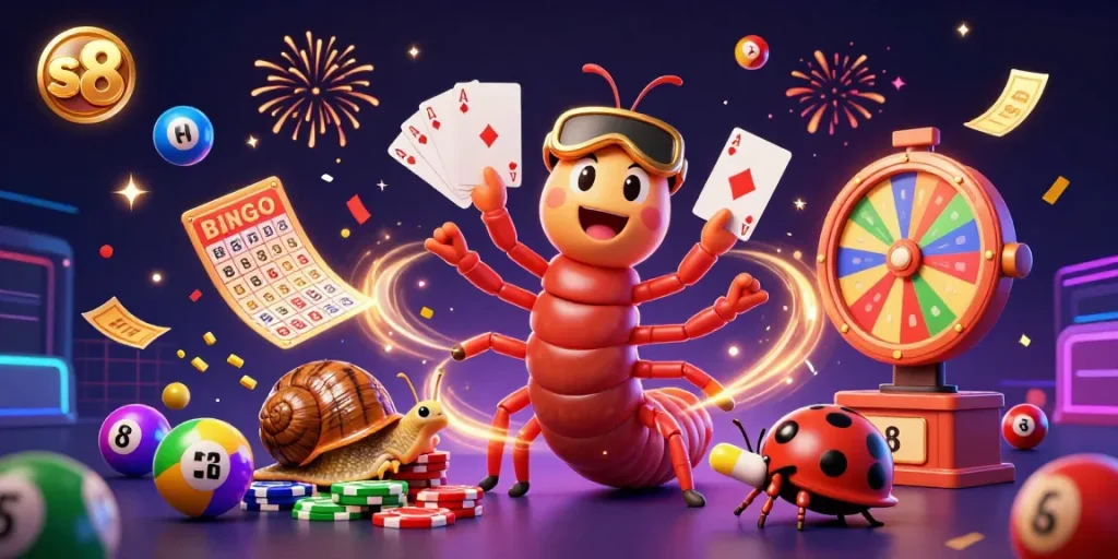 Engage in winning strategies at S8 with dynamic lottery and casino excitement in a colorful scene.