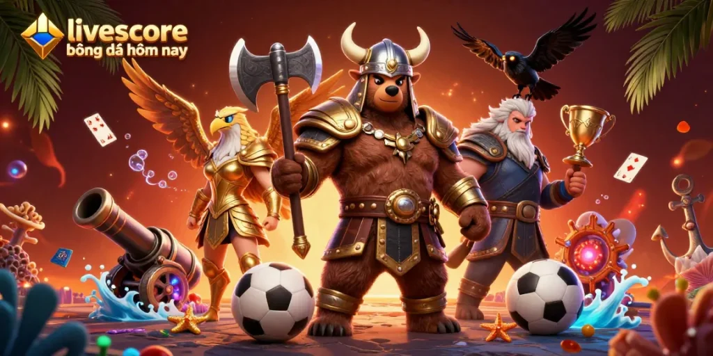 Follow the livescore bóng đá hôm nay with engaging gaming elements in a vibrant illustration.