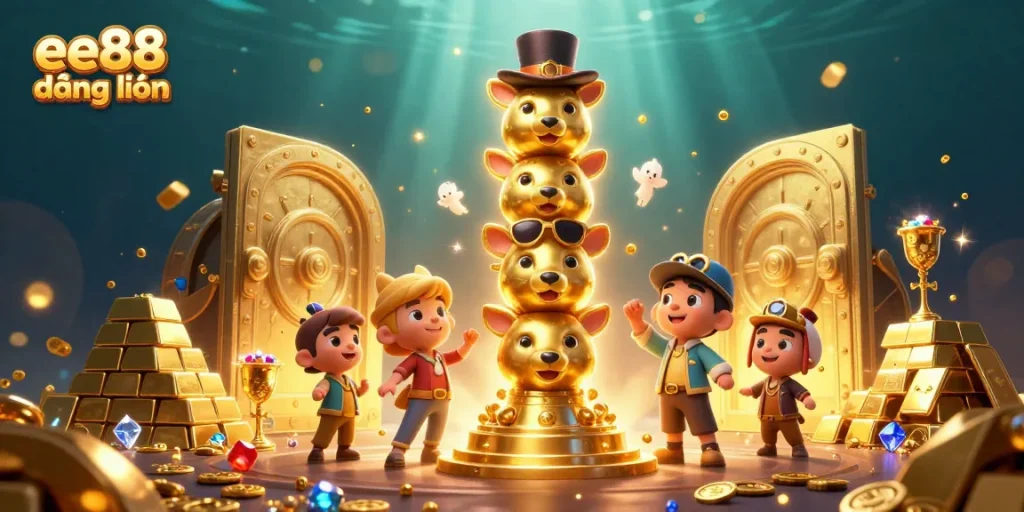 Experience ee88 đăng nhập with a vibrant illustration of a totem pole surrounded by treasure elements and dynamic energy.