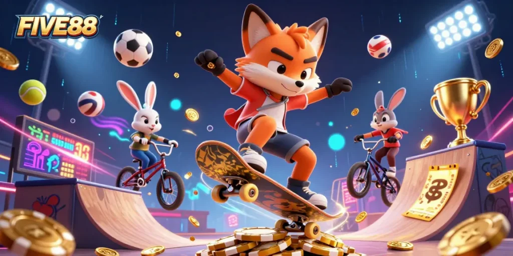 Experience the thrills of FIVE88 with dynamic cartoon characters showcasing vibrant slots and casino elements.