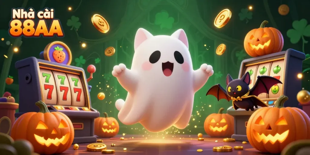 Catch thrilling moments with Nhà cái 88AA's ghost cat exploring a haunted casino filled with exciting slot games and lucky symbols.