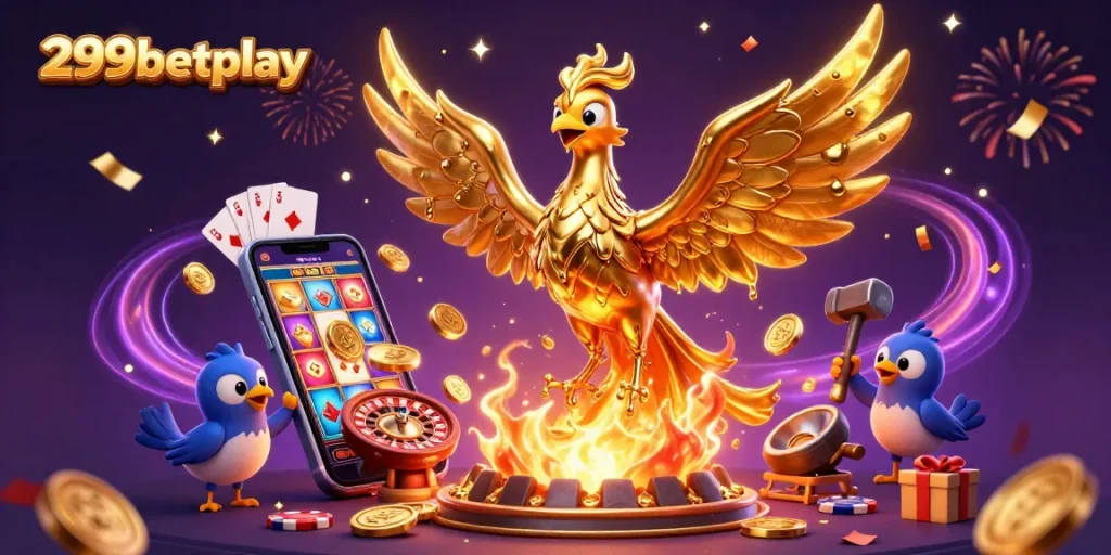Experience the thrill of 299betplay with a golden phoenix emerging amidst vibrant casino games and rich graphics.