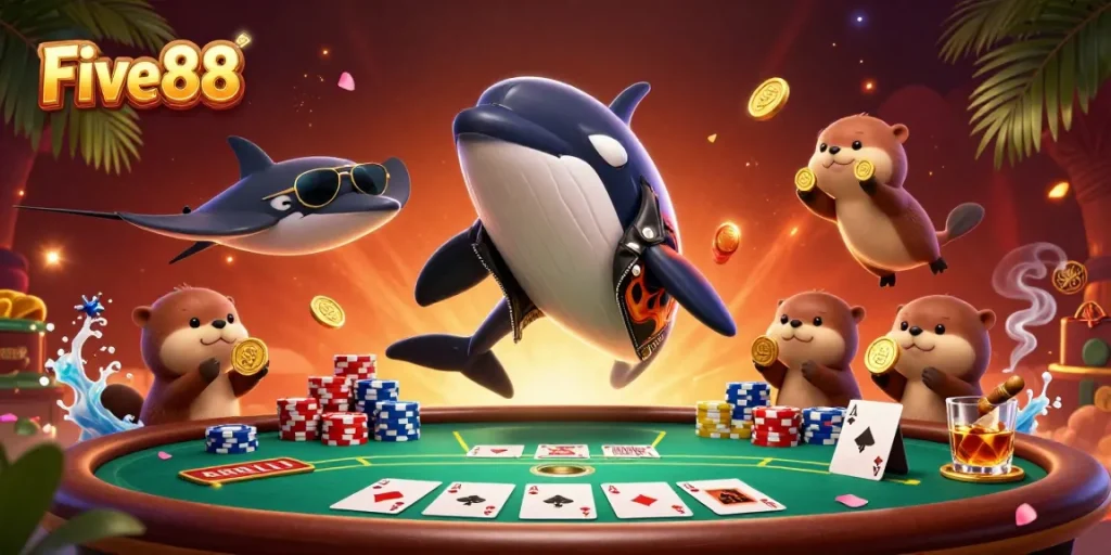 Engaging scene of Five88 featuring a dynamic orca, stingray, and otters with coins, capturing casino excitement.