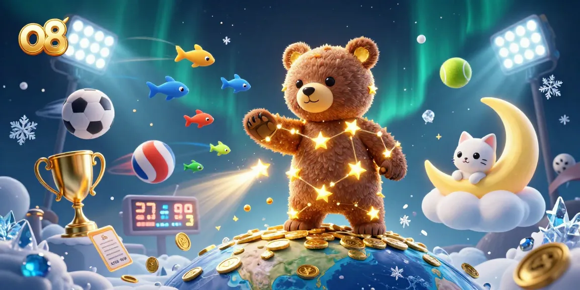 Watch o8's constellation bear scoop coins as vibrant sports elements fly dynamically around in this stunning casino scene.