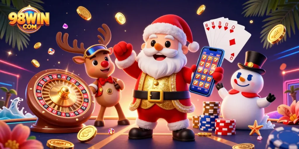 Engage with thrilling action at 98WIN COM with Santa and his friends celebrating jackpot wins.