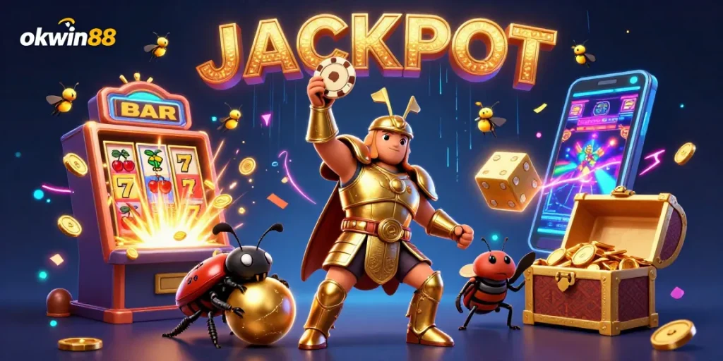 Engage with okwin88's thrilling jackpot scene showcasing a heroic beetle in epic casino action.