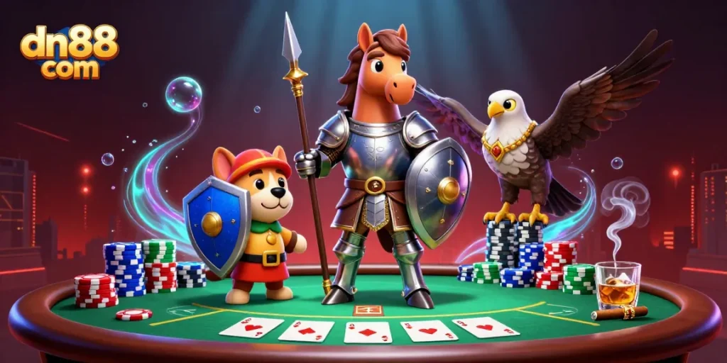 Experience thrilling gaming action at dn88 com with knight meets poker scene, showcasing unique visual storytelling.