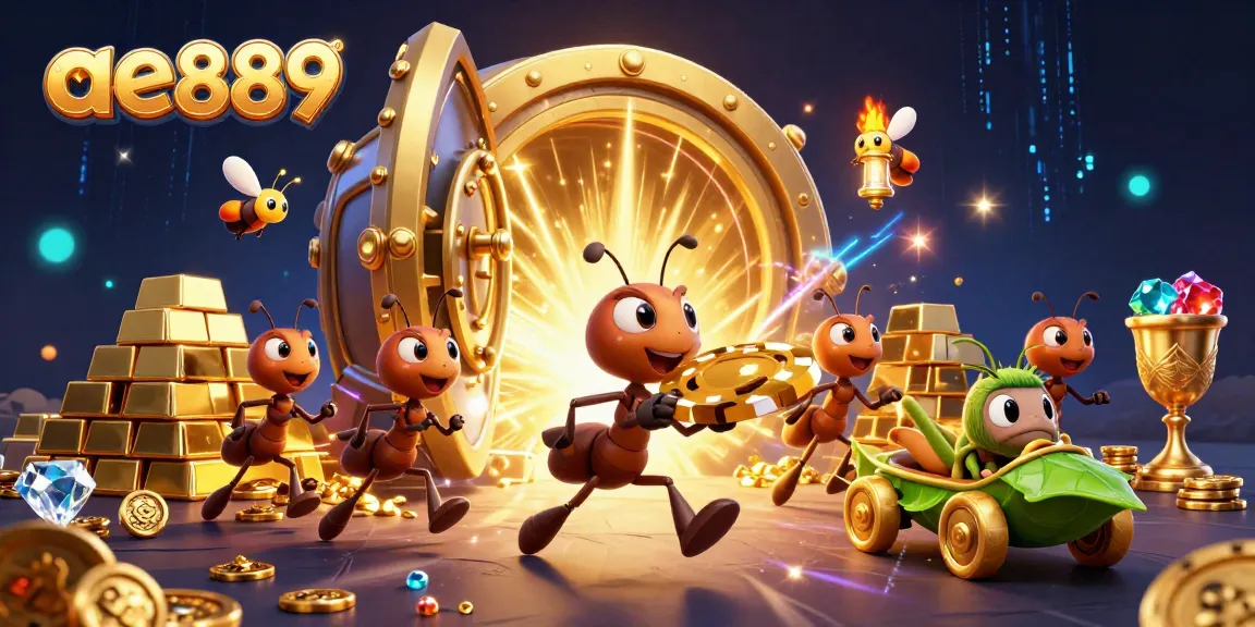 Win big with ae889 as cartoon ants execute a heist for a giant poker chip amid treasures.