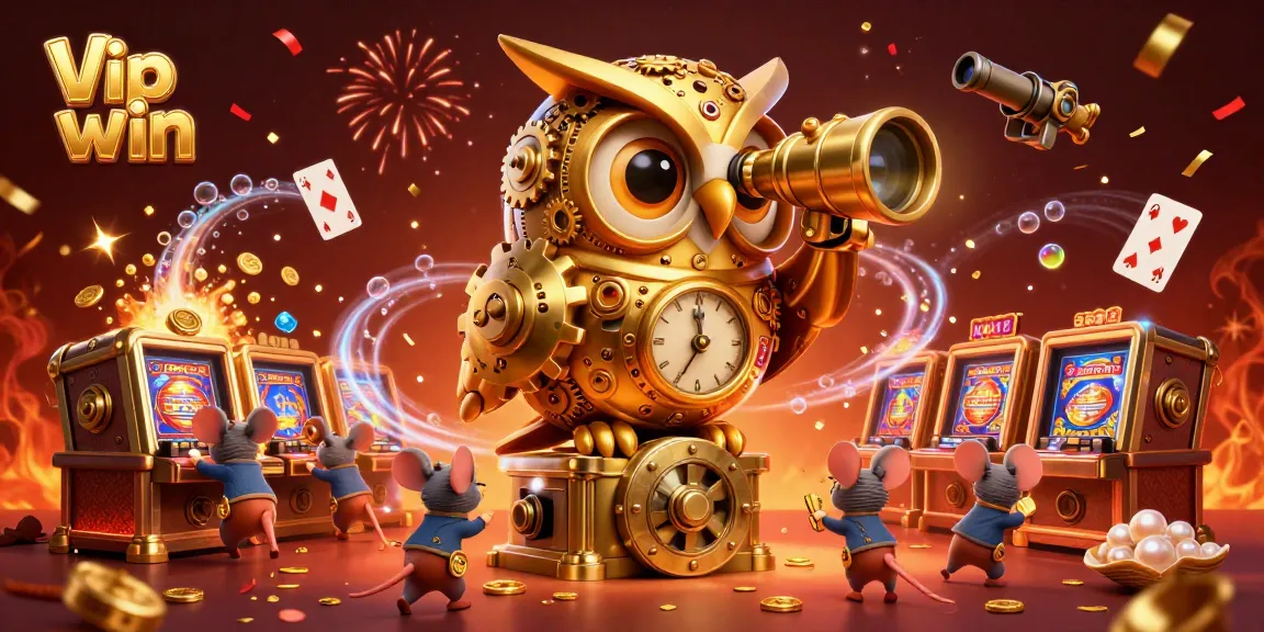 Experience the thrilling world of Vip win with unique 3D illustration of golden owl and casino elements.